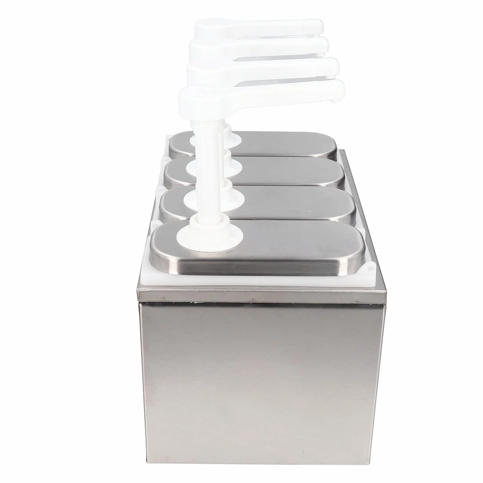 Bomba de dispensador de salsa Vomeko, bomba de condimento de acero inoxidable, bomba de compresión de condimentos, con base para restaurante de cocina (4 Pumps)