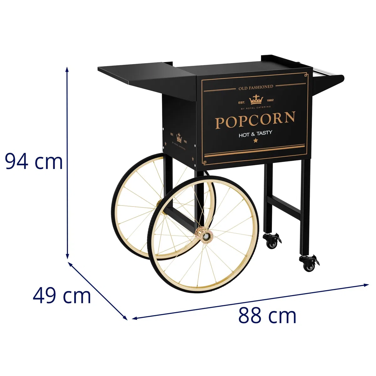 Royal Catering Carrito Para Palomiteras Carro Para Máquina De Palomitas RCPT-BGWG-1 (Con 4 ruedas y 2 frenos, Chapa de acero lacada, Negro y dorado)