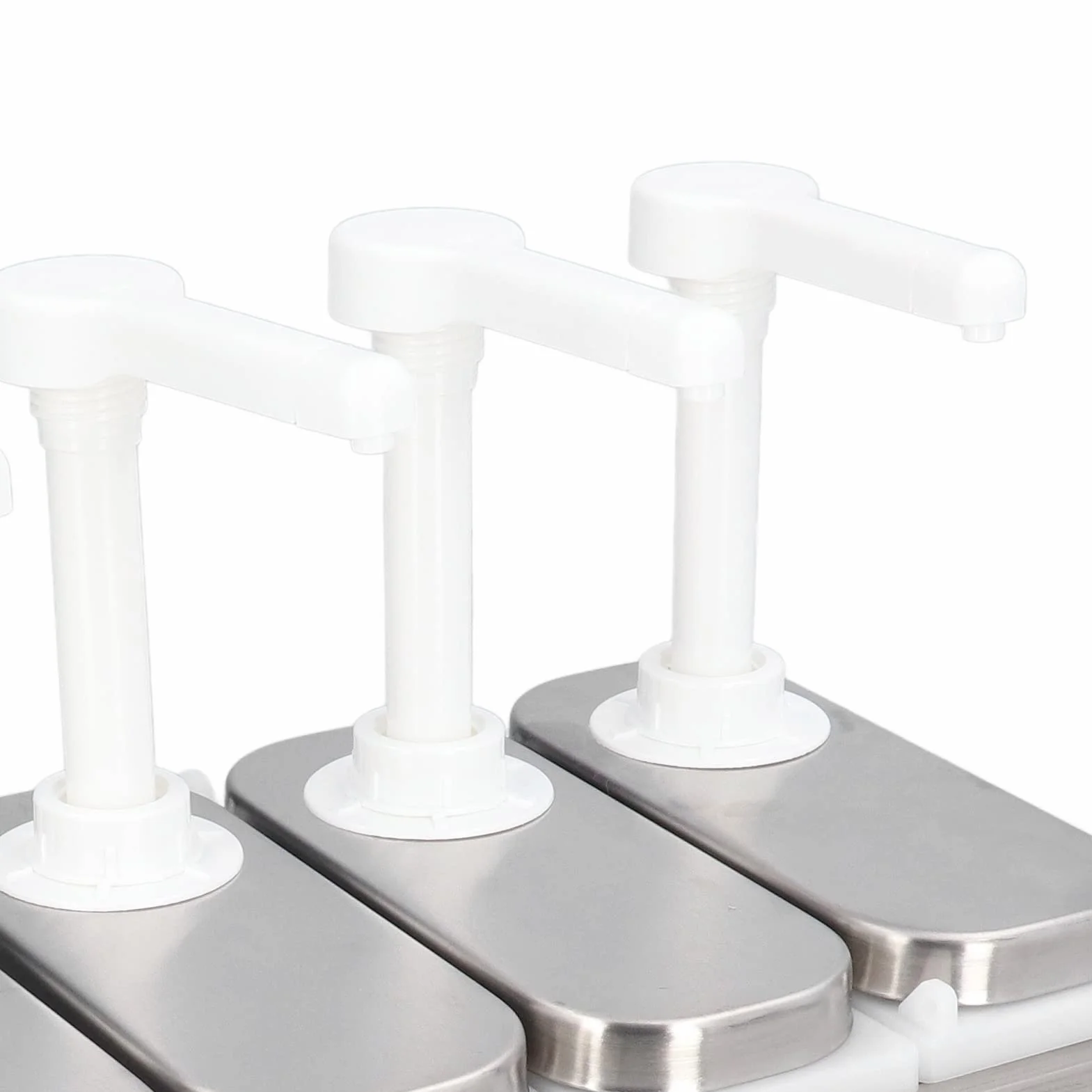 Bomba de dispensador de salsa Vomeko, bomba de condimento de acero inoxidable, bomba de compresión de condimentos, con base para restaurante de cocina (4 Pumps)