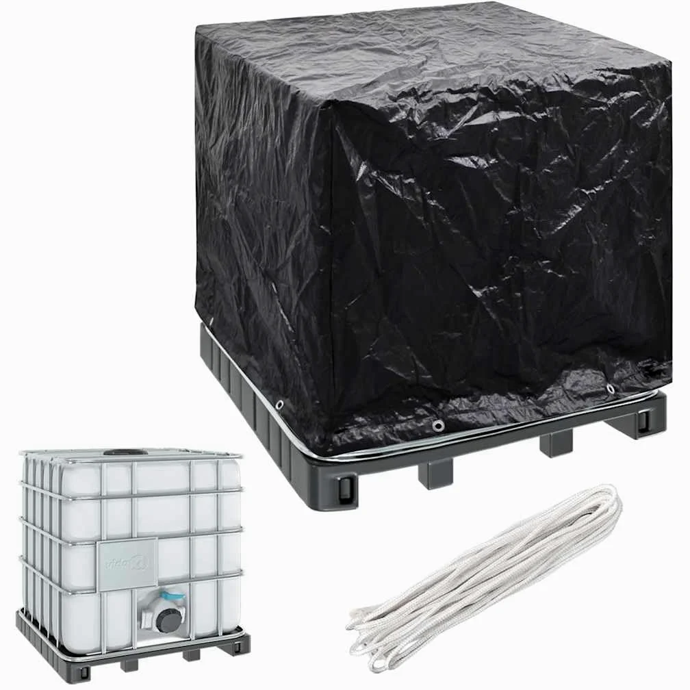 Cubierta para depósito IBC 1000 L polietileno 116 x 100 x 120 cm con 8 ojales de aluminio y cuerda de fijación resistente a la intemperie, resistente a los rayos UV, resistente a la rotura