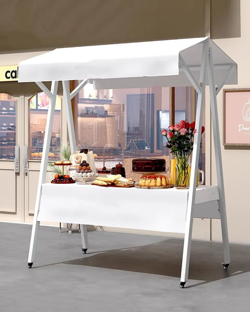 Puesto de Venta Plegable Carritos Móviles Blancos para Vendedores Ambulantes de Comida, Carrito Portátil con Ruedas para Dulces, Ideal para Fiestas y Festivales, Expositor(Width 150cm(59"))
