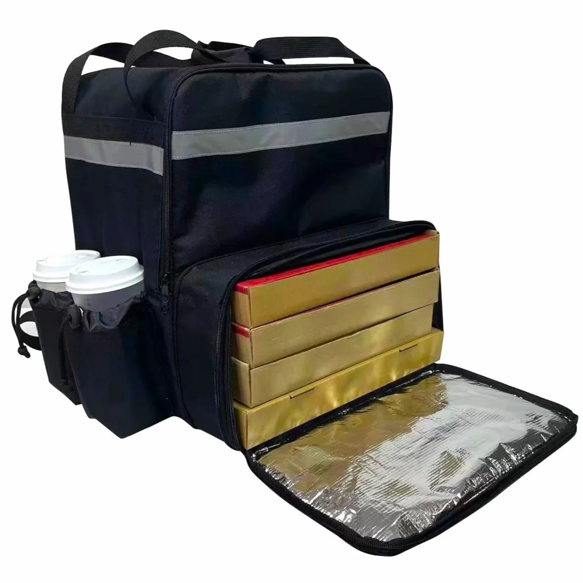 Mochila Expandible para Entrega de Alimentos con 4 Portavasos, Bolsa Aislada para Pizza, Rayas Reflectantes para Bicicleta, Uber Eats, Negro, Moderno