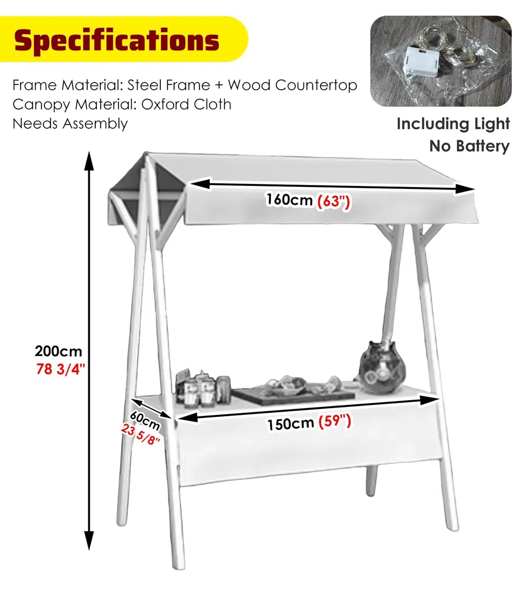 Puesto de Venta Plegable Carritos Móviles Blancos para Vendedores Ambulantes de Comida, Carrito Portátil con Ruedas para Dulces, Ideal para Fiestas y Festivales, Expositor(Width 150cm(59"))
