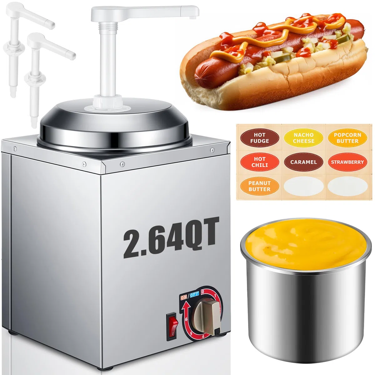 Dispensador de queso Nacho con bomba de 2 piezas, calentador de salsa de caramelo caliente de acero inoxidable de 2.64 cuartos de galón con control de temperatura de 6 niveles, máquina comercial