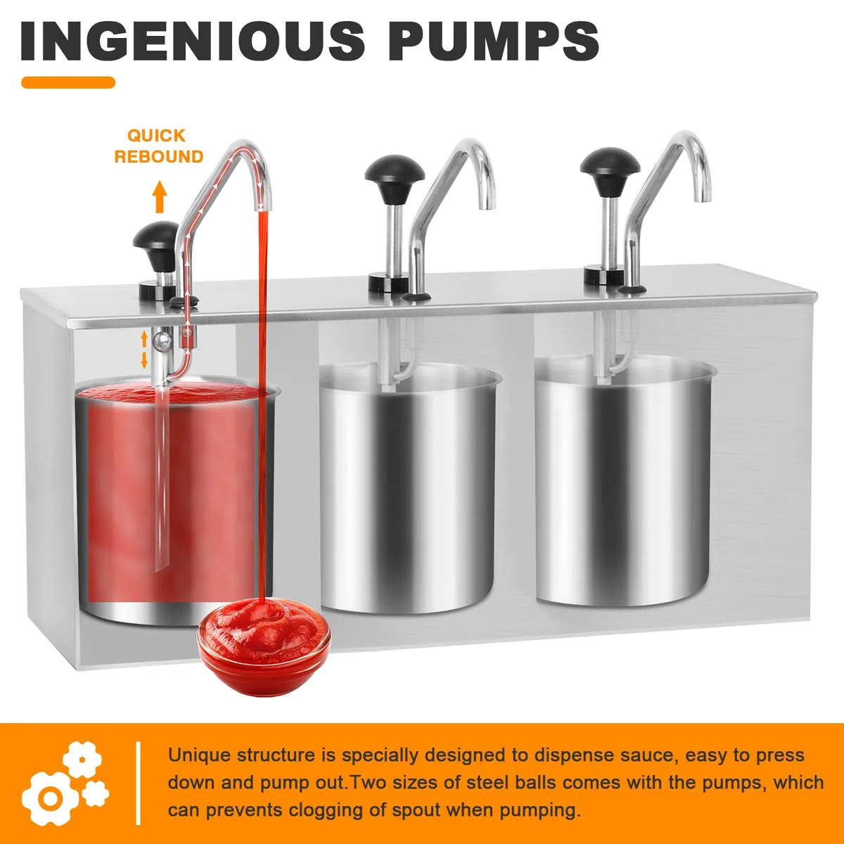 Dispensador de bomba de condimentos de 3 cucharones dispensador de bomba de salsa de acero inoxidable 11 cuarto de galón Condimento estación de bomba para salsa de tomate aderezo jarabe