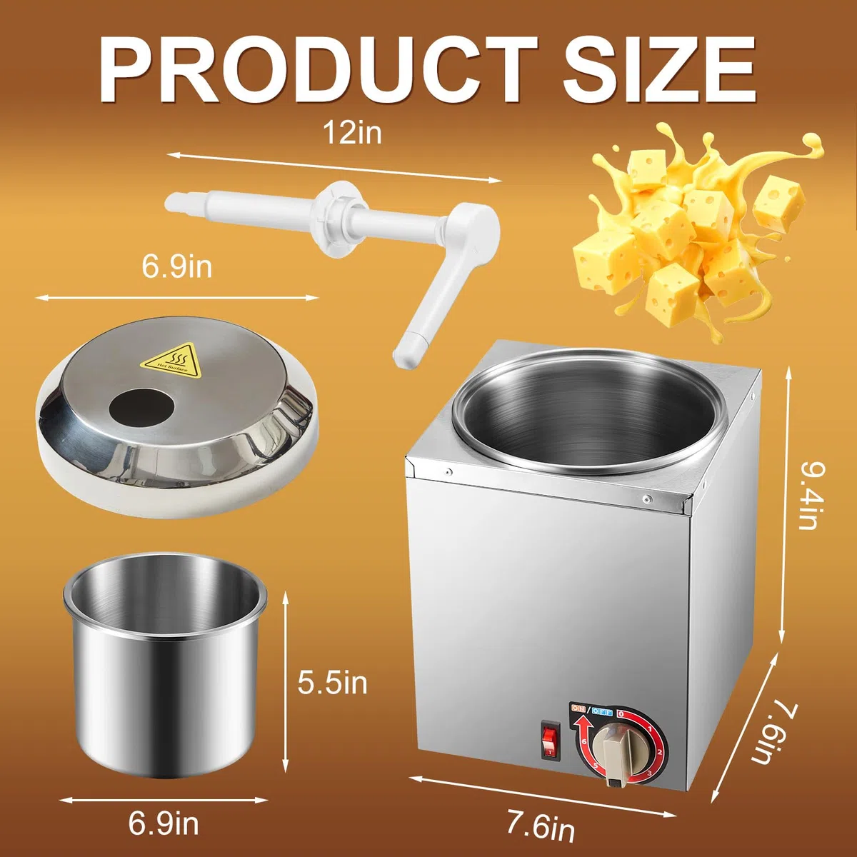 Dispensador de queso Nacho con bomba de 2 piezas, calentador de salsa de caramelo caliente de acero inoxidable de 2.64 cuartos de galón con control de temperatura de 6 niveles, máquina comercial