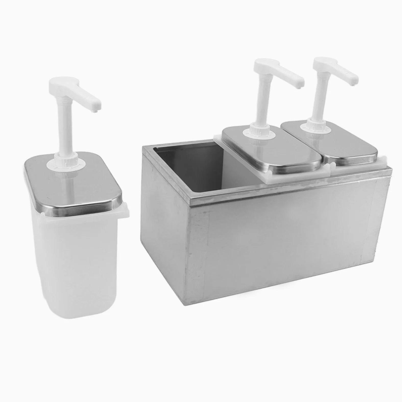 Bomba Dispensadora de Salsa de Acero Inoxidable y Plástico - Estación Bombeo Condimentos 35 Ml para Uso en Cocina (Bomba Triple 2 litros.)