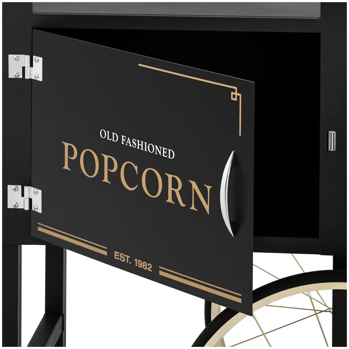 Royal Catering Carrito Para Palomiteras Carro Para Máquina De Palomitas RCPT-BGWG-1 (Con 4 ruedas y 2 frenos, Chapa de acero lacada, Negro y dorado)