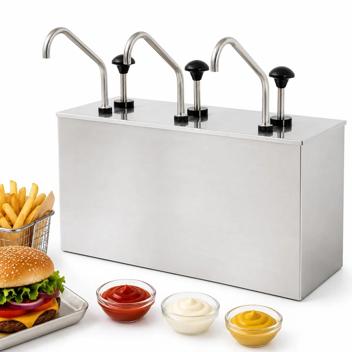 Dispensador de salsa de acero inoxidable 3 x 4 L, bomba de salsa de 3 compartimentos, dispensador de condimentos con tanques extraíbles, dosificador Ketchup Mayonesa mostaza para buffet restaurante
