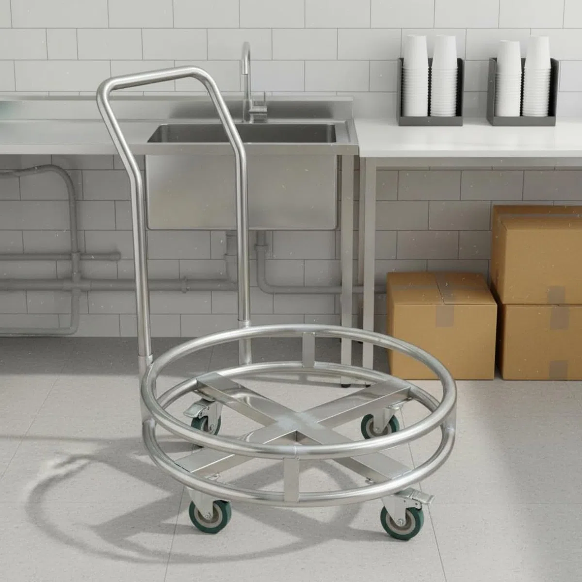 perfk Carrito de Acero Inoxidable Carro Utility Trole para Cubetas de Sopa con Marco Reforzado y Maniobra Sencilla Adecuado para Restaurantes Catering, 32cm, con Freno Y Empuje Manual