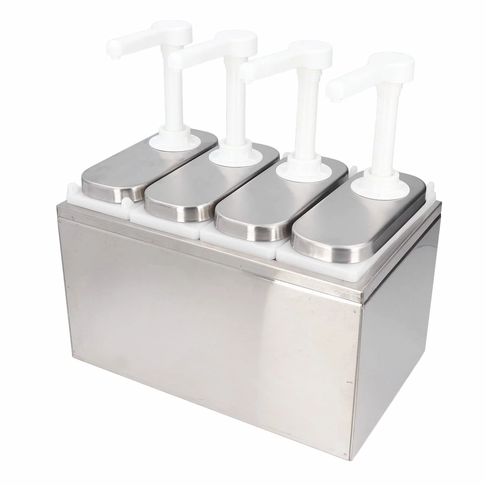 Bomba de dispensador de salsa Vomeko, bomba de condimento de acero inoxidable, bomba de compresión de condimentos, con base para restaurante de cocina (4 Pumps)