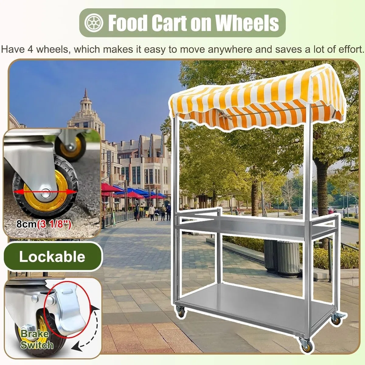 Carro de venta plegable para venta de alimentos, portátil y ligero para helados, perros calientes y uso en el mercado