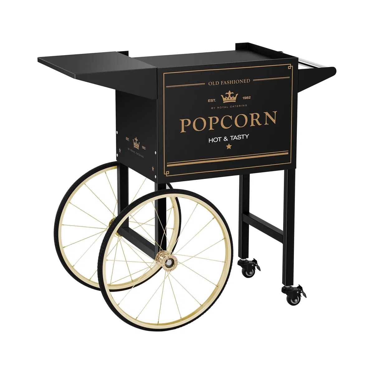 Royal Catering Carrito Para Palomiteras Carro Para Máquina De Palomitas RCPT-BGWG-1 (Con 4 ruedas y 2 frenos, Chapa de acero lacada, Negro y dorado)