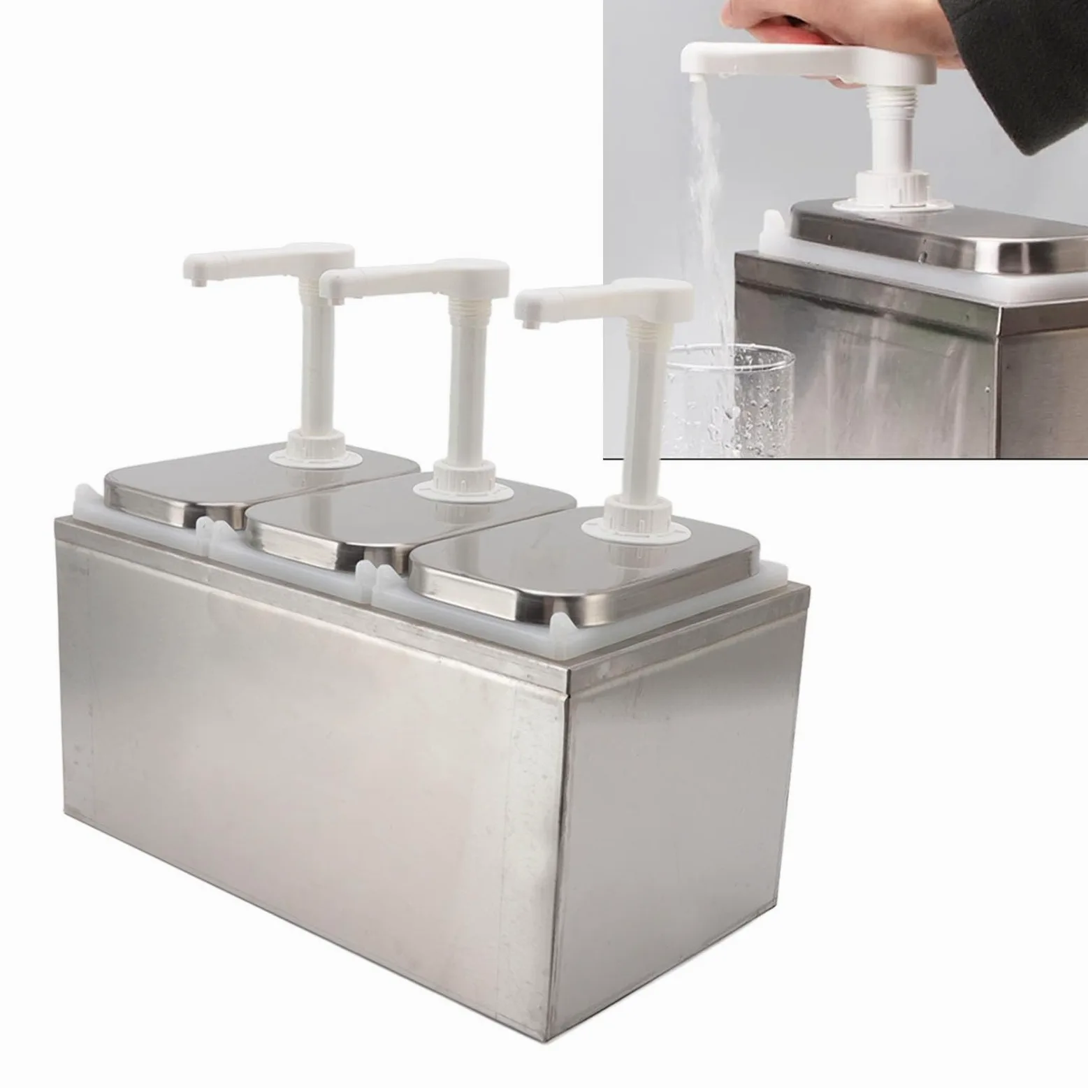 Bomba Dispensadora de Salsa de Acero Inoxidable y Plástico - Estación Bombeo Condimentos 35 Ml para Uso en Cocina (Bomba Triple 2 litros.)