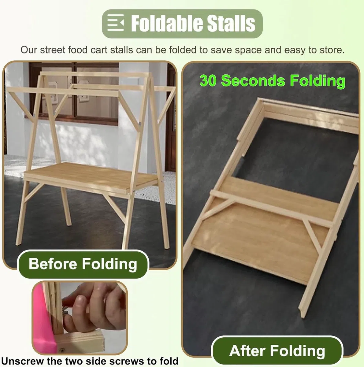 Carrito plegable portátil para perros calientes con paraguas – Soporte de madera para granjeros, mercado de alimentos callejeros, helados, postres y eventos al aire libre remolque