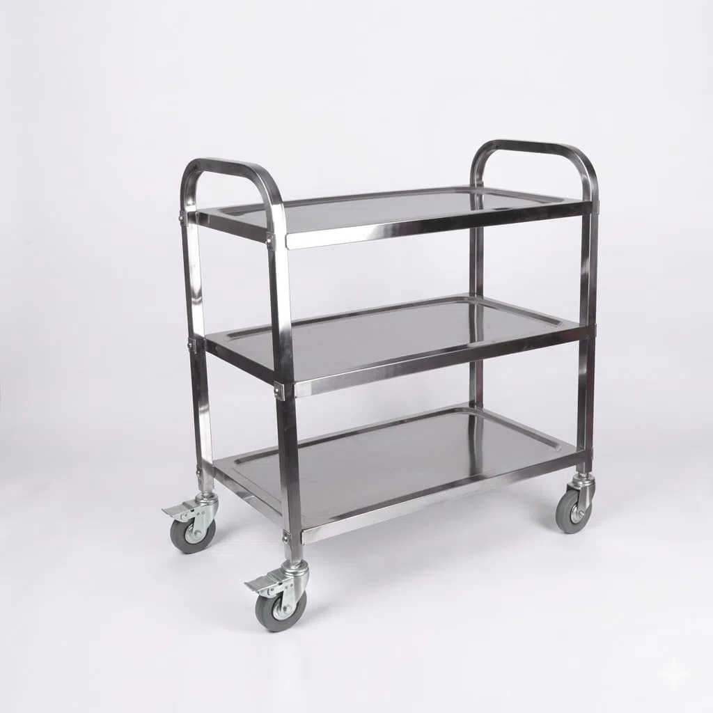 Carro de Servicio Acero Inoxidable 3 Bandejas 96,5x50x89,5 cm | Ruedas Giratorias con Freno Ø100 mm | Capacidad 75 kg | Hostelería, Catering y Cocinas Profesionales