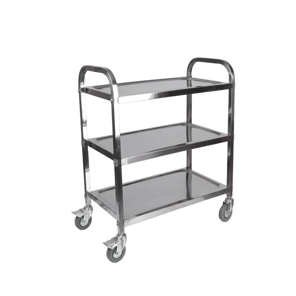 Carro de Servicio Acero Inoxidable 3 Bandejas 76,5x40x89 cm | Ruedas Giratorias con Freno Ø100 mm | Capacidad 45 kg | Hostelería y Manipulación de Alimentos